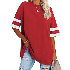 T-shirt pour femme à manches courtes et col rond, coupe ample, respirant, tricoté, avec broderie décorative, style décontracté imprimé, été - Product Image 1