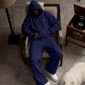 Unisex Streetwear Solid Midweight Zip-Up Hoodie & <b>Sweatpants</b> <b>Set</b> 100% Cotton Tech Fleece Breathable Oversize Tracksuit - Product Image 2