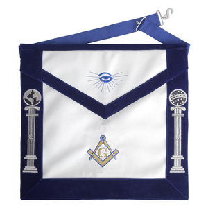 Master Mason Blue Lodge <b>Apron</b> - Royal Blue Velvet And <b>White</b> fine embroidery and secure adjustable fastening system - Product Image 1