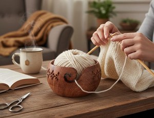 Bol à fil en bois de rose fait main et écologique pour le crochet et le tricot, avec accessoires enrouleurs et crochets - Product Image 6