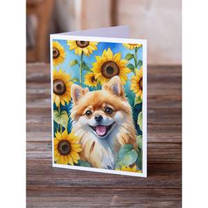 Whimsical A7 Tamaño 5x7 Tarjetas de notas en blanco Pomerania en girasoles Paquete de 8 con sobres Tarjetas de felicitación - Product Image 2
