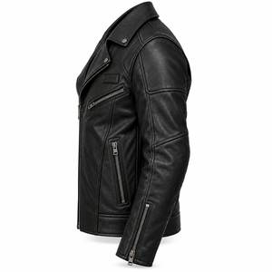 Unisex Real Black Leather Motorcycle Biker <b>Jacket</b> Classic Asymmetric Zip Moto <b>Racer</b> Quilted Shoulder Heavy Duty Rider Coat - Product Image 4