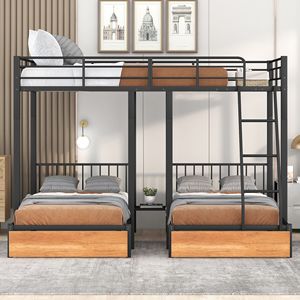 Letto a castello triplo in metallo nero con cassetti e sponde di protezione, configurazione Full Over Twin e Twin - Product Image 2