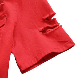 Camisa de Mezclilla Roja Desgastada para Hombre, Manga Corta, con Botones, Estilo Casual Urbano, Desgarrada, de Algodón, para Verano, Corte Regular, para Uso Diario - Product Image 6