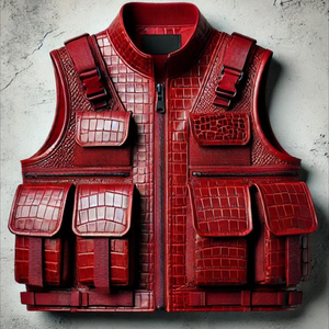 เสื้อกั๊กหนังจระเข้สีแดงลายนูนสำหรับผู้ชาย เสื้อแจ็คเก็ตสตรีทแวร์แนวแทคติคอล เสื้อกั๊กหนังสำหรับขี่มอเตอร์ไซค์ เสื้อกั๊กไบค์เกอร์ - Product Image 4