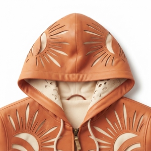 Men's Orange Embossed Sun Pattern Hooded Bomber <b>Jacket</b> Casual Autumn Zipper Closure Regular Fit PU Material - Product Image 5