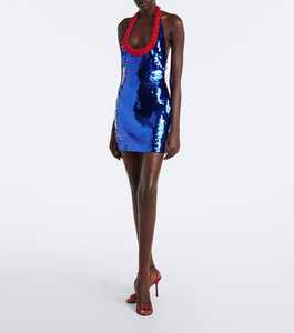 Robe midi bleu roi à sequins, col halter, décolleté perlé rouge, coupe trapèze, simple, moulante, cocktail, glamour, ajustée, sans manches, 100% - Product Image 2