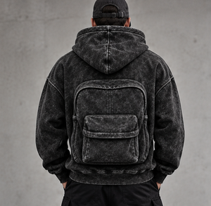 Sweat à capuche pour homme effet délavé |   Sweat-shirt à capuche noir surdimensionné avec poche pour sac à dos au dos |   Streetwear personnalisé - Product Image 3