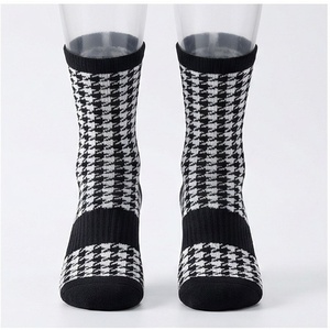Crew <b>Socks</b> <b>Black</b> White Plaid Pattern Breathable Knitted Regular Style Adult Casual Daily Wear - Product Image 1