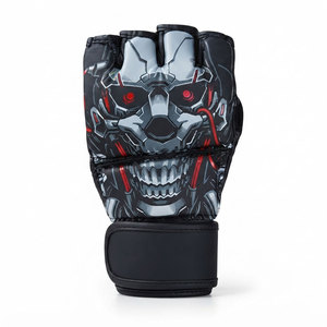 Gants de boxe MMA demi-doigts respirants et légers en cuir PU avec motif crâne imprimé par sublimation, fermeture unisexe pour arts martiaux - Product Image 4
