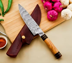 Couteau de chef LEGACY BLADES en acier Damas fait main avec manche en bois ambidextre, finition haute brillance, compatible lave-vaisselle - Product Image 3