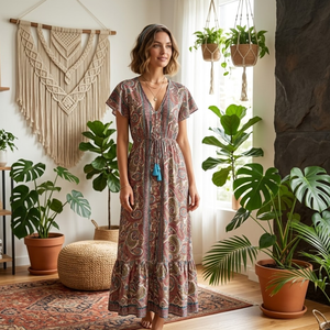 Robe longue bohème pour femme à col en V, imprimé cachemire, avec manches courtes à pompons, coupe ample et fluide, idéale pour la plage, les vacances et les stations balnéaires - Product Image 4