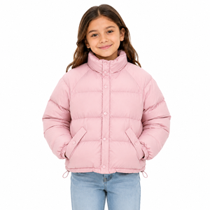 Livster Girls' Pink Winter <b>Hoodless</b> <b>Puffer</b> <b>Jacket</b> Warm Insulated Printed Design Stand Collar Full Front Snap Buttons - Product Image 1