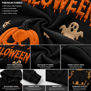 Sudadera con Capucha Personalizada de Halloween con Estampado Puff para Hombre y Mujer, Sudadera de Algodón Negro con Diseño de Calabaza, Fantasma, Murciélago y Araña - Product Image 5
