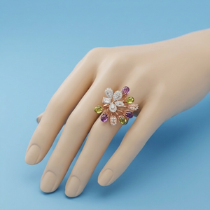 Nuevo Anillo de Moda en Oro Rosa con Diseño de Rejilla Redonda, Gema Azul y Centro Floral de Perla Blanca - Elegante Regalo para Bodas y Aniversarios - Product Image 2