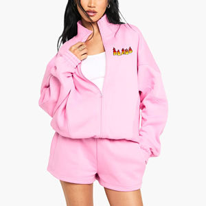 Heavyweight Ladies Twin <b>Set</b> Comfortable Oversized Zipper Sweatshirt Short Custom Screen Printed Logo Lace Decoration summer <b>sets</b> - Product Image 1