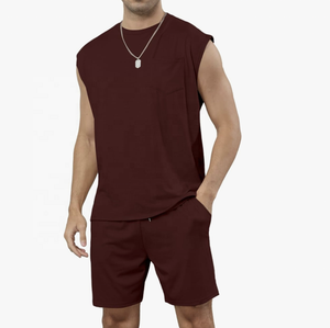 High Street Plus Size Men's 2-Piece Summer Tracksuit <b>Set</b> 100% Cotton Terry Fabric Sleeveless T-Shirt & Tank Top Short <b>Sets</b> - Product Image 5