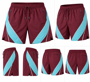 <b>Mens</b> Maroon Teal Breathable Polyester/Cotton Athletic <b>Shorts</b> Mesh Side Panels Mid Waist Drawstring Zip Pockets for Training - Product Image 6