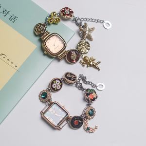 Montre-bracelet à quartz unique rétro personnalisée pour femmes, or rose, émail floral, cristal, chaîne réglable, cadran analogique, bijoux élégants - Product Image 4