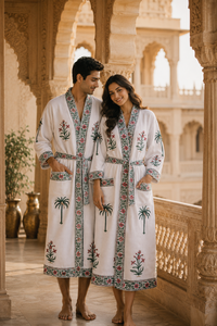 Bata Kimono de Algodón Blanco Tropical con Bordado de Palmeras, Bata de Baño Larga para Mujer, Vestido de Dama de Honor, Ropa de Estar por Casa - Product Image 4