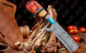 Cuchillo de caza y camping de hoja fija de acero de Damasco hecho a mano, estilo vaquero personalizado, con funda de cuero. - Product Image 6