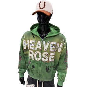 Sudadera con capucha con cremallera personalizada OEM con pedrería, estilo oversize, lavado ácido, estampado de grafiti y llamas, ropa urbana al por mayor, estilo punk Y2K - Product Image 2