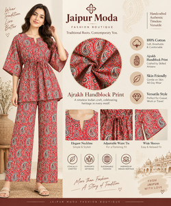 Conjunto de Pantalones Palazzo y Kaftán de Encaje Tejido con Estampado Digital Paisley Rojo |   Ropa Casual de Verano Inspirada en el Estilo Étnico Ajrakh, 100% Algodón - Product Image 6