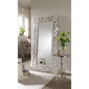 Luxury Handcrafted Solid Wood Floor <b>Mirror</b> Frame Ornate Royal Floral Scroll Carving Silver Finish - Product Image 2