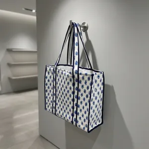 Blue White Printed <b>Canvas</b> <b>Tote</b> Bag Lady Vintage Bohemian Fashion Minimalist Style All Seasons Winter Shopping Reusable Bag - Product Image 3