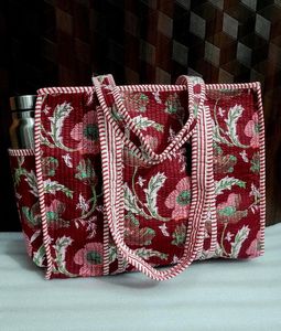 Factory Price Maroon Floral Cotton Kantha Quilted Storage Tote <b>Bag</b> Women Shoulder Travel Carry Sack Side Pocket - Product Image 1