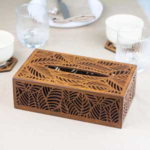 Porte-boîte à mouchoirs en bois, design rectangulaire à motif de feuille découpé, organisateur de mouchoirs élégant, finition lisse, accessoire de table à manger - Product Image 1