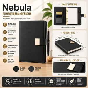 <b>A5</b> Saddle Stitched Hardcover PU Leather Organizer Planner with Magnetic Flap Closure and Card Holder for Office Travel - Product Image 1