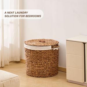 Cesto de Ropa Redondo de 145L, Tejido con Jacinto de Agua Natural, con Tapa, Elegante Cesta de Mimbre para Ropa - Product Image 6