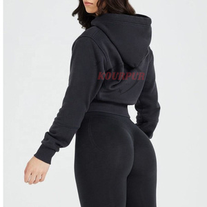 Sudadera con capucha para mujer, top corto con cremallera, color sólido, manga larga, de punto, de algodón, para otoño, transpirable - Product Image 6