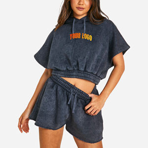 Conjunto de Sudadera Corta con Capucha y Logotipo Personalizado para Verano, Conjunto de Pantalones Cortos Deportivos con Cremallera para Mujer, Conjunto de Dos Piezas, Ropa Deportiva para Mujer - Product Image 1