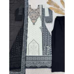 Magnifique ensemble de costume en mousseline avec imprimé numérique et broderie à la main effet miroir, taille XL - Product Image 1