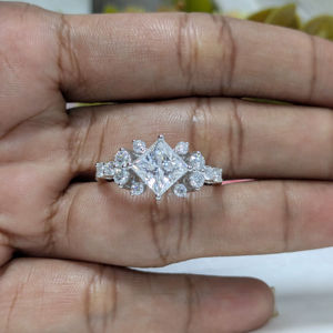 2.65 Ct Princess Cut Moissanite Cluster Vintage Style Engagement Ring, <b>Diamond</b> Wedding <b>Jewelry</b>, Solid 14k White Gold Ring - Product Image 1