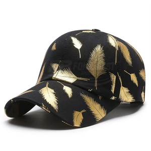 Spring and Autumn Sporty Baseball <b>Cap</b> with Bronze Feather 100% Polyester Twill Fabric Black Gold for Men and <b>Women</b> Beach Use - Product Image 1