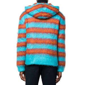 Fashion Casual Mohair Fuzzy <b>Men</b> Knit <b>Cardigan</b> Sweater Custom Knitted Striped <b>Men's</b> Hooded Sweater - Product Image 6