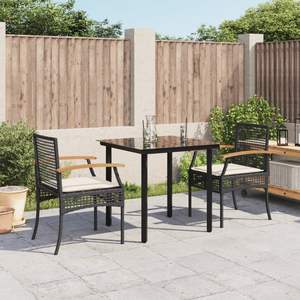Set da pranzo da 3 pezzi in Poly Rattan nero con cuscini Set da giardino - Product Image 1