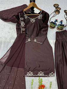 Elegante Conjunto de Kurti y Palazzo de Seda con Dupatta – Traje Salwar Étnico Minimalista Bordado para Fiesta para Mujer - Product Image 6