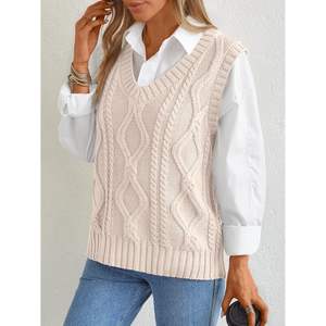 Custom Queen Oversized V-Neck Cable Knit Pullover for <b>Women</b> Casual Queen <b>Waistcoat</b> with Sleeveless Design - Product Image 5