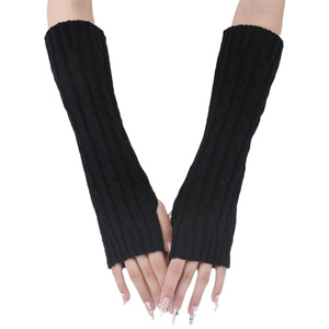 Black Ribbed Elbow Length Fingerless <b>Gloves</b> Warm Knit Arm <b>Warmers</b> for Daily Casual Wear Winter Use - Product Image 1