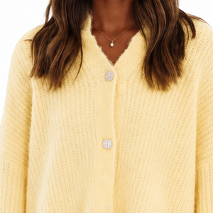 2026 Women's Yellow V-Neck Knitted Cardigan Full Sleeve Button Closure Casual Autumn Wear Thick Acrylic Sweater Long Lantern - Product Image 3