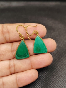 Gold Plated Brass Malachite Earrings Double Drop Green Stone Jewelry for Boho Chic Styles - Product Image 6