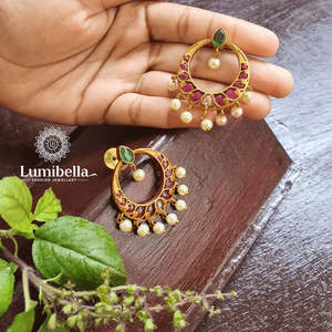 Kemp Gold Plated Drop Earrings with White Pearls-Vintage Ethnic Flower Design for Wedding India - Product Image 2
