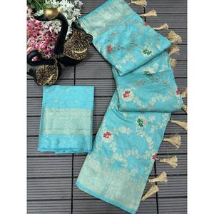 ชุดปาร์ตี้ dola Silk zari ทำงาน Saree กับเสื้อ unstitched ท้องฟ้า - Product Image 1