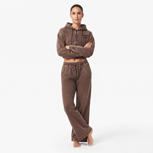 Clothing Manufacturer Women Acid Wash Full Zip Solid Color <b>Crop</b> Top Hoodie And Wide Leg <b>Jogger</b> Pant Casual Wear Two Piece Set - Product Image 6
