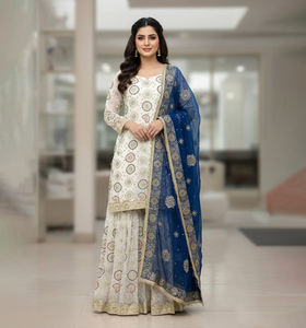 Vestido Étnico Moderno de Diseñador en Tela Georgette Sintética, Traje Sharara para Bodas Indias y Pakistaníes, Palazzo Listo para Usar - Product Image 1