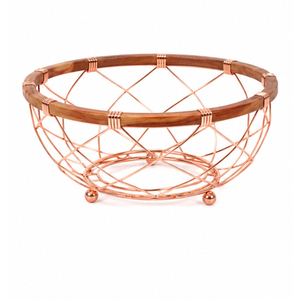Gold Wire Fruit <b>Basket</b> with Wooden Rim Decorative Metal Food <b>Storage</b> Bowl for Kitchen Countertop Table Centerpiece Bowl - Product Image 1